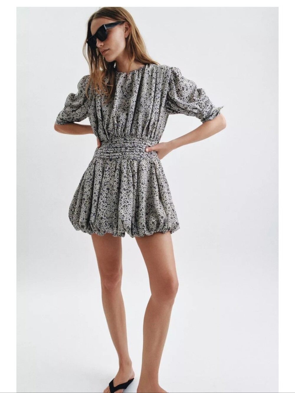 Smocked Waist Puff-Sleeve Mini Dress in Black & White